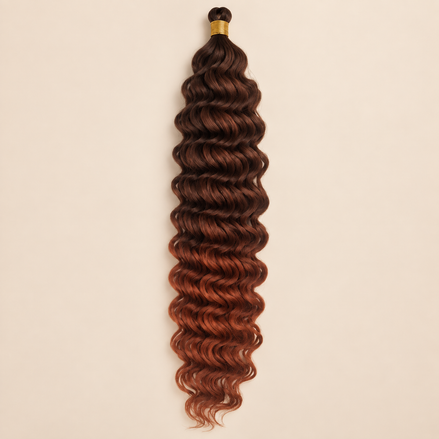 Donkerbruin naar amber ombré RastAfri Creek Curl kanekalon vlechthaar, T4/Amber, 50 cm, 85 gram, beige achtergrond