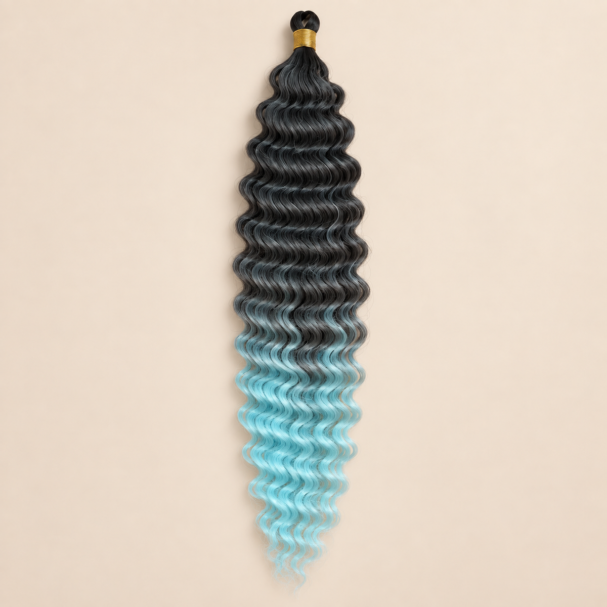 Zwart naar lichtblauw ombré RastAfri Jamaican Curl kanekalon vlechthaar, T1B/B.Blue, 50 cm, 85 gram, beige achtergrond