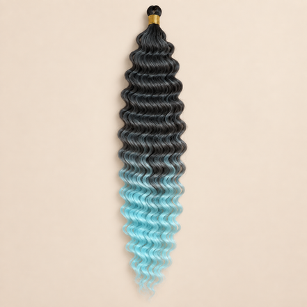 Zwart naar lichtblauw ombré RastAfri Jamaican Curl kanekalon vlechthaar, T1B/B.Blue, 50 cm, 85 gram, beige achtergrond