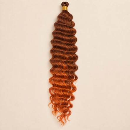 Koperbruin naar amber ombré RastAfri Jamaican Curl kanekalon vlechthaar, T33/Amber, 50 cm, 85 gram, beige achtergrond