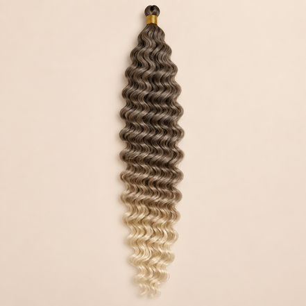 Donkerbruin naar lichtblond ombré RastAfri Jamaican Curl kanekalon vlechthaar, T4/27/613, 50 cm, 85 gram, beige achtergrond