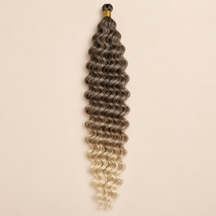 Donkerbruin naar lichtblond ombré RastAfri Jamaican Curl kanekalon vlechthaar, T4/27/613, 50 cm, 85 gram, beige achtergrond