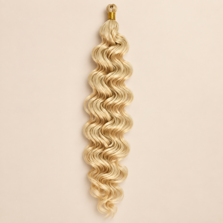 Lichtblond RastAfri Kingston Curl kanekalon vlechthaar, kleur 613, 50 cm en 85 gram, op beige achtergrond