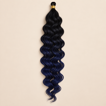 Zwart naar donkerblauw ombré RastAfri Kingston Curl kanekalon vlechthaar, kleur GTOM/D.Blue, 50 cm en 85 gram, op beige achtergrond