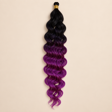 Zwart naar paars ombré RastAfri Kingston Curl kanekalon vlechthaar, kleur GTOM/Purple, 50 cm en 85 gram, op beige achtergrond