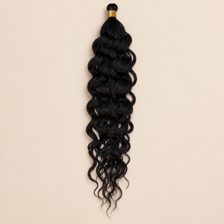 Zwart RastAfri Hawai Curl kanekalon vlechthaar, kleur 1, 50 cm en 85 gram, op beige achtergrond