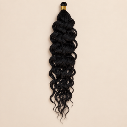 Zwart RastAfri Hawai Curl kanekalon vlechthaar, kleur 1, 50 cm en 85 gram, op beige achtergrond