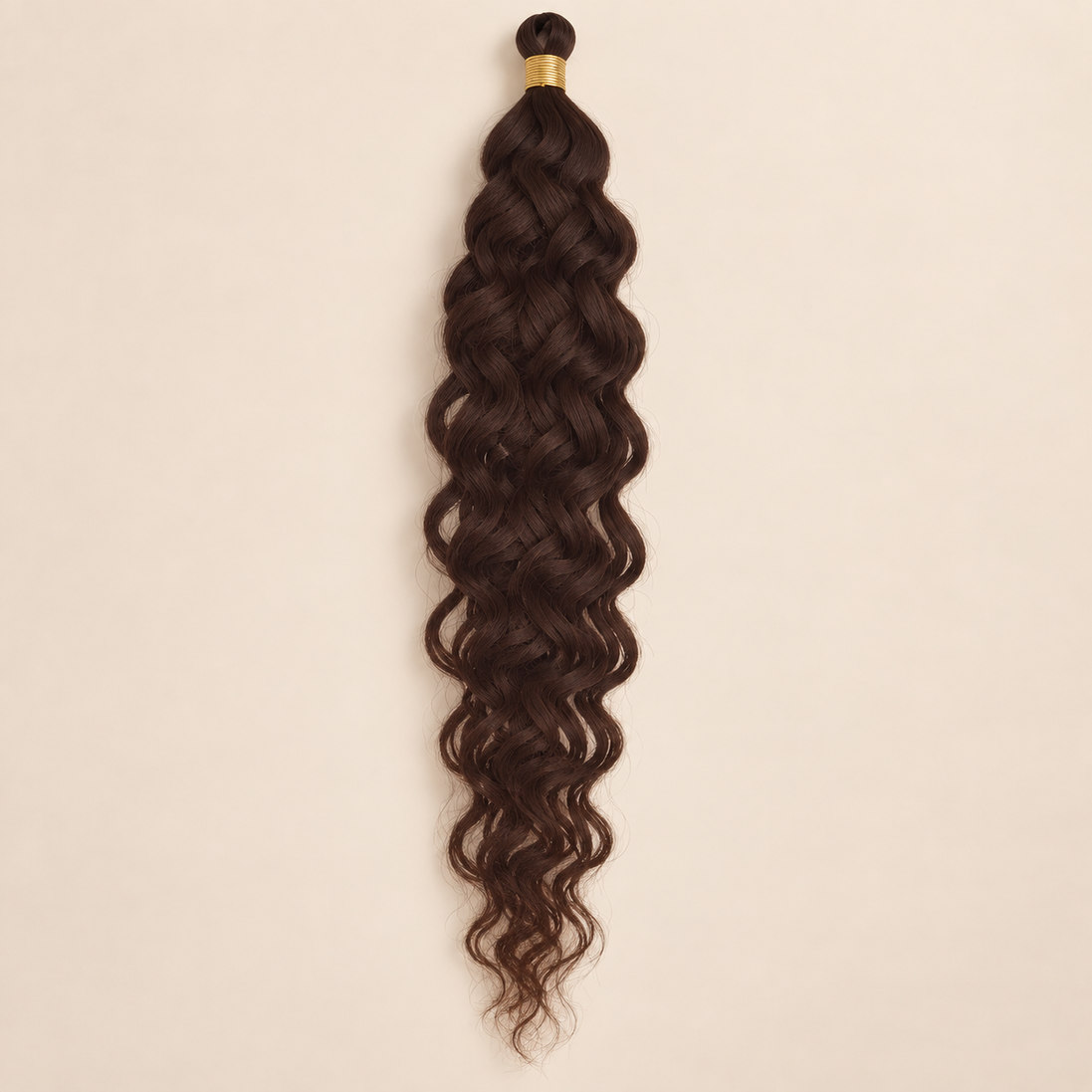 Donkerbruin RastAfri Hawai Curl kanekalon vlechthaar, kleur 4, 50 cm en 85 gram, op beige achtergrond