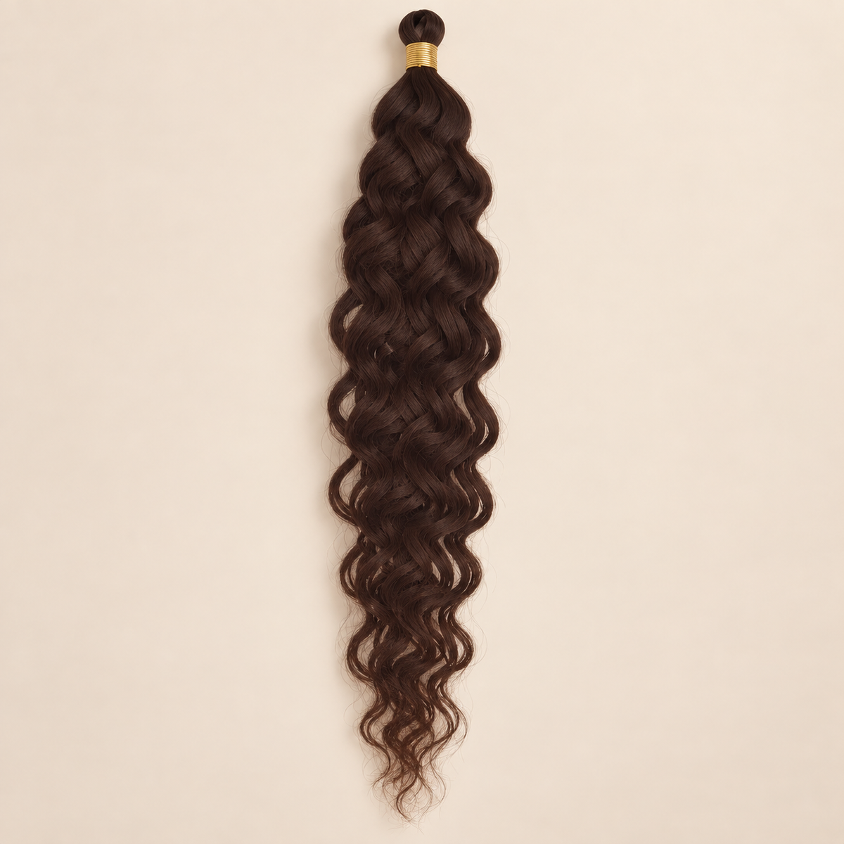 Donkerbruin RastAfri Hawai Curl kanekalon vlechthaar, kleur 4, 50 cm en 85 gram, op beige achtergrond