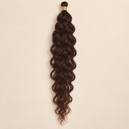 Donkerbruin RastAfri Hawai Curl kanekalon vlechthaar, kleur 4, 50 cm en 85 gram, op beige achtergrond