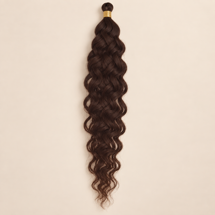 Donkerbruin RastAfri Hawai Curl kanekalon vlechthaar, kleur 4, 50 cm en 85 gram, op beige achtergrond