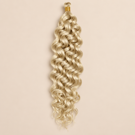 Lichtblond RastAfri Hawai Curl kanekalon vlechthaar, kleur 613, 50 cm en 85 gram, op beige achtergrond