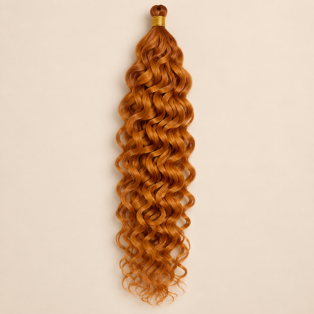 Amber koper RastAfri Hawai Curl kanekalon vlechthaar, kleur Amber, 50 cm en 85 gram, op beige achtergrond