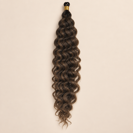Donkerbruin met honingblond RastAfri Creek Curl kanekalon vlechthaar, F4/27, 50 cm, 85 gram, beige achtergrond