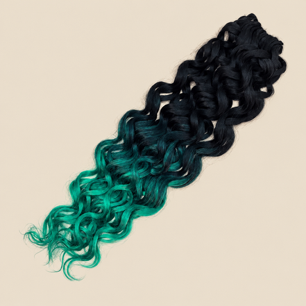 RastAfri Hawai Curl GTOM/Mint, zwart-mintgroen ombre kanekalon op beige achtergrond