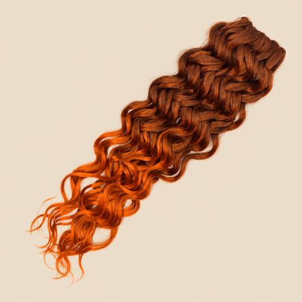 RastAfri Hawai Curl T33/Amber, koper-amber ombre kanekalon invlechthaar op beige achtergrond
