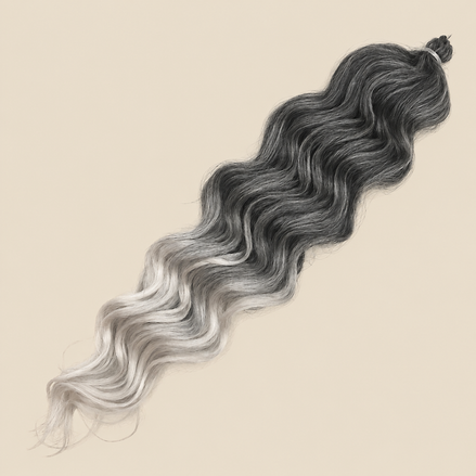 RastAfri Lake Wave T1B/Silver, bruin-zilver ombre kanekalon op beige achtergrond