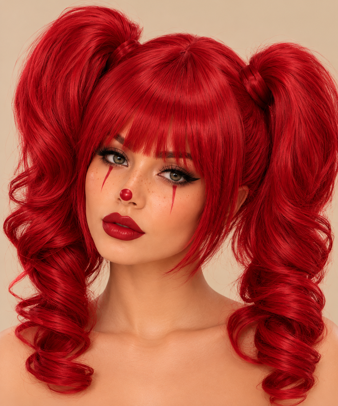 Rode twin tail pruik met krullen en pony voor Halloween en carnaval