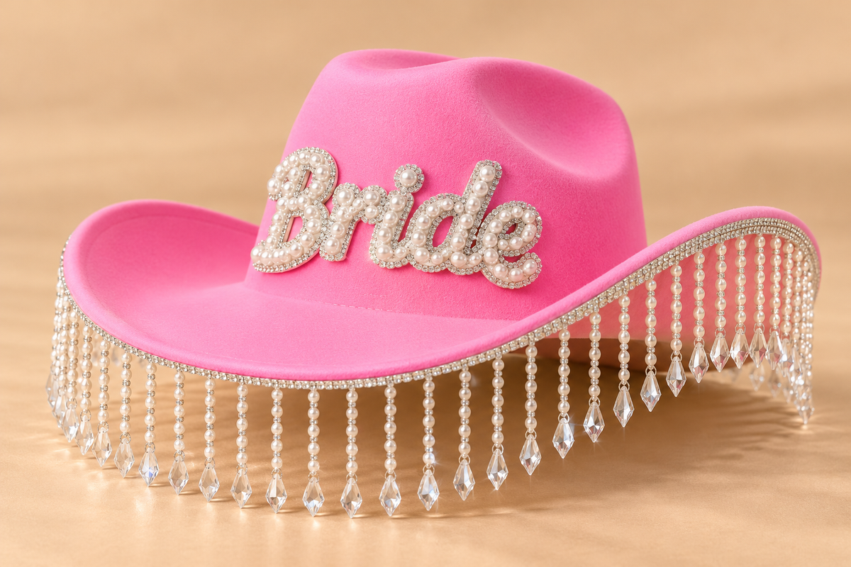 Bride Cowboyhoed Roze – Strass & Kristalfranjes – De HaarBoetiek