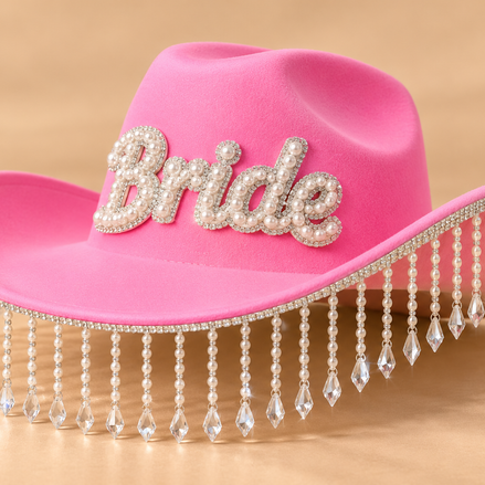 Bride Cowboyhoed Roze – Strass & Kristalfranjes – De HaarBoetiek