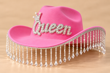 Queen Cowboyhoed Roze – Strass & Kristalfranjes – De HaarBoetiek