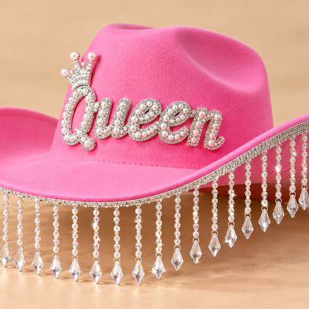 Queen Cowboyhoed Roze – Strass & Kristalfranjes – De HaarBoetiek