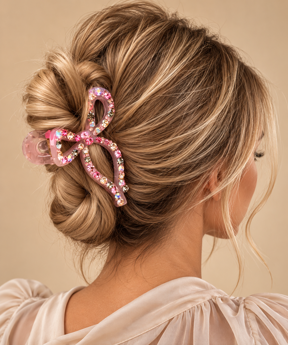 Roze strik haarklem met kristallen in opgestoken haar op beige achtergrond