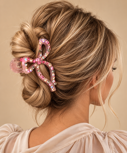 Roze strik haarklem met kristallen in opgestoken haar op beige achtergrond