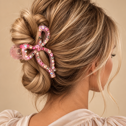 Roze strik haarklem met kristallen in opgestoken haar op beige achtergrond