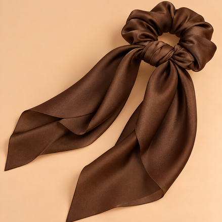 Satijnen Scrunchie met Lange Strik – Donkerbruin – De HaarBoetiek