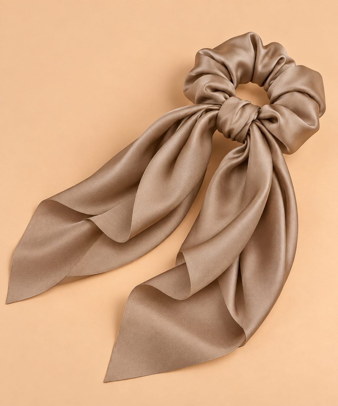 Taupe satijnen scrunchie met lange striklinten op beige achtergrond