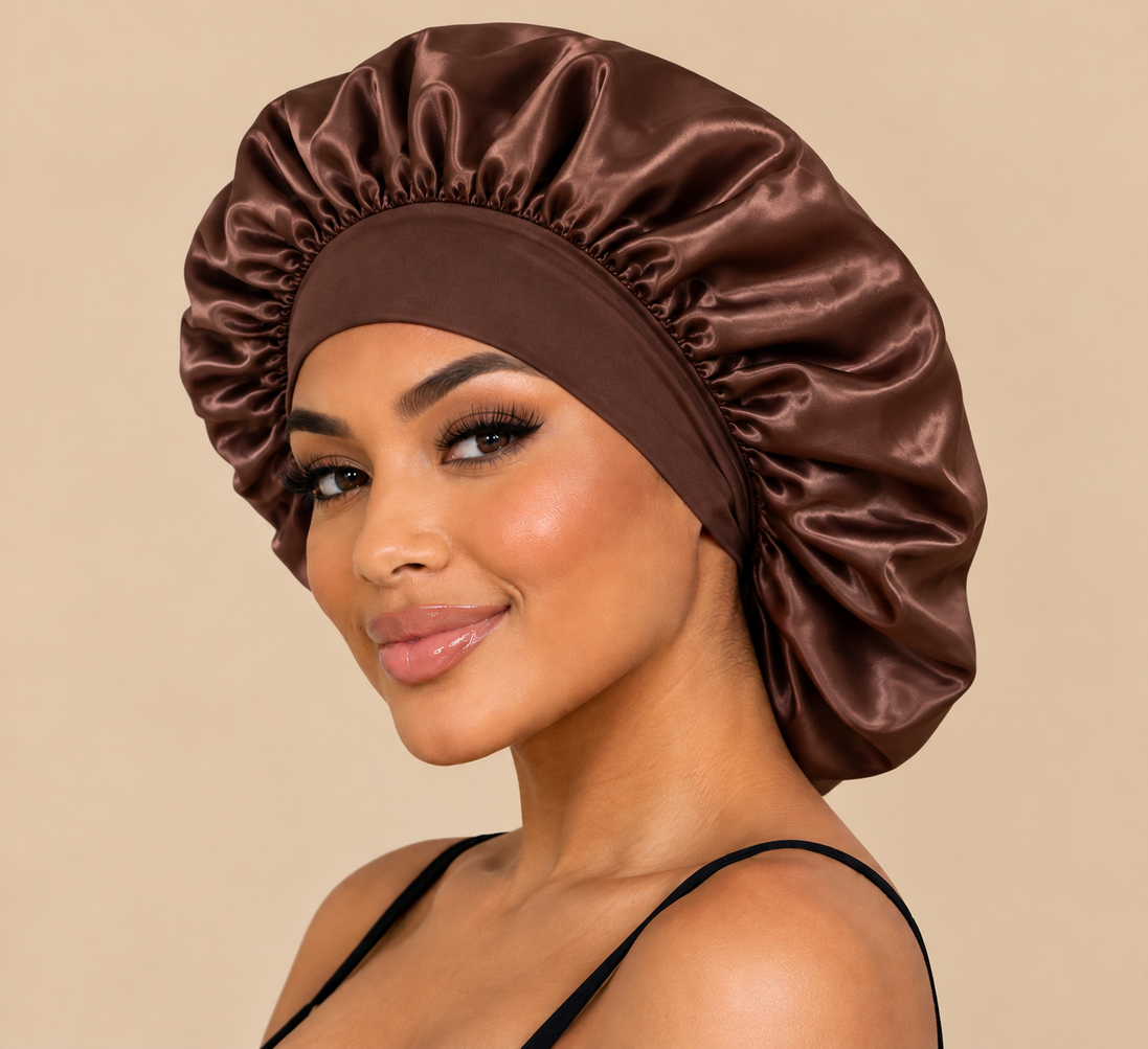 Bruine satijnen slaapbonnet met brede band gedragen door model op beige achtergrond