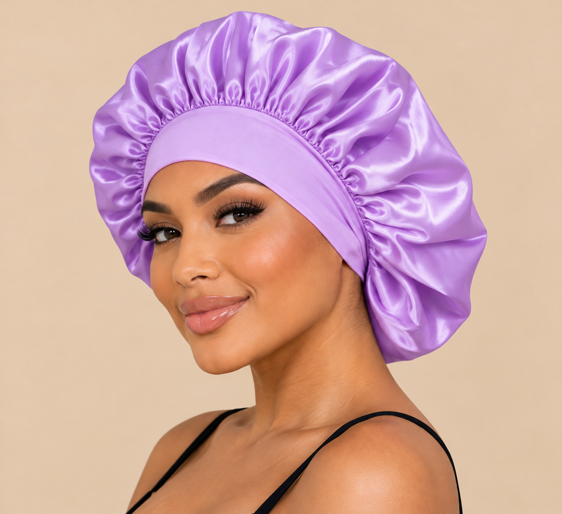 Satijnen slaapbonnet lila op model met beige achtergrond