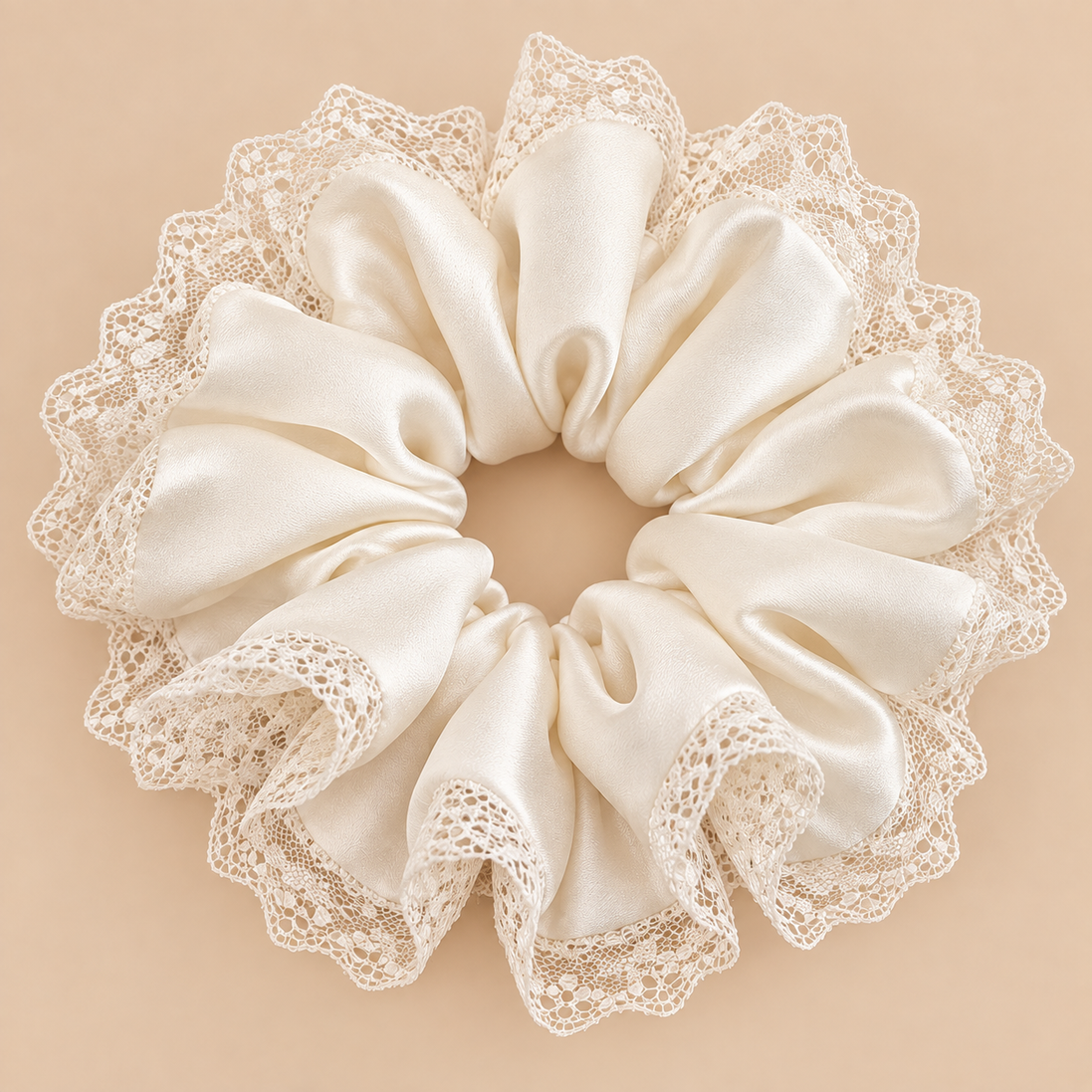 Witte satijnen XXL scrunchie met kanten lace rand - de HaarBoetiek