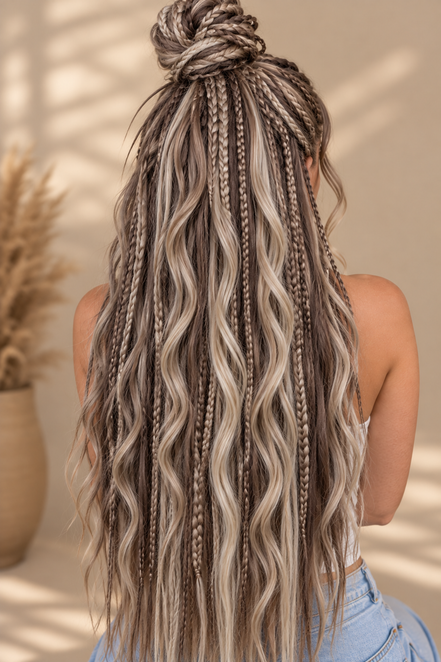 Shop de Look asblond en asbruin boho braids met golvende plukken