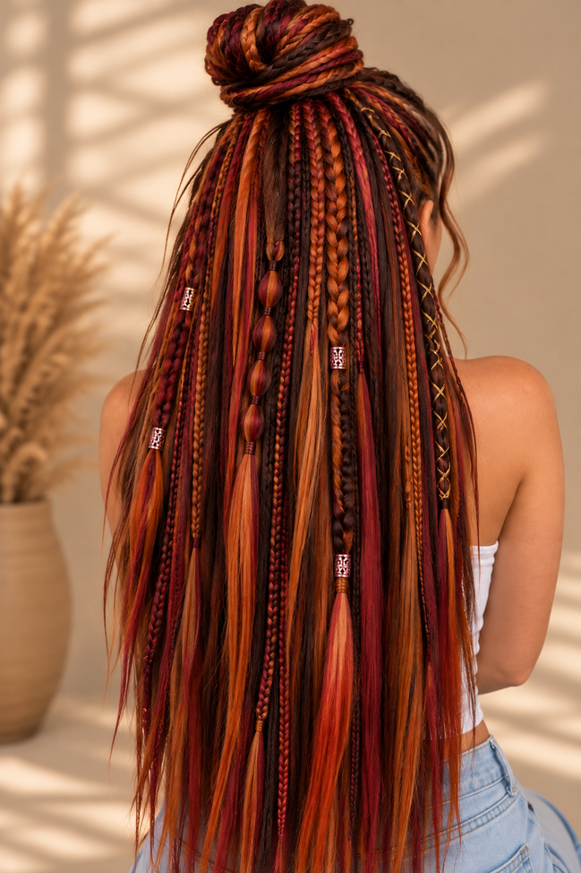 Shop de Look rood bruin oranje straight braids met wijnrood, bruin en koperoranje