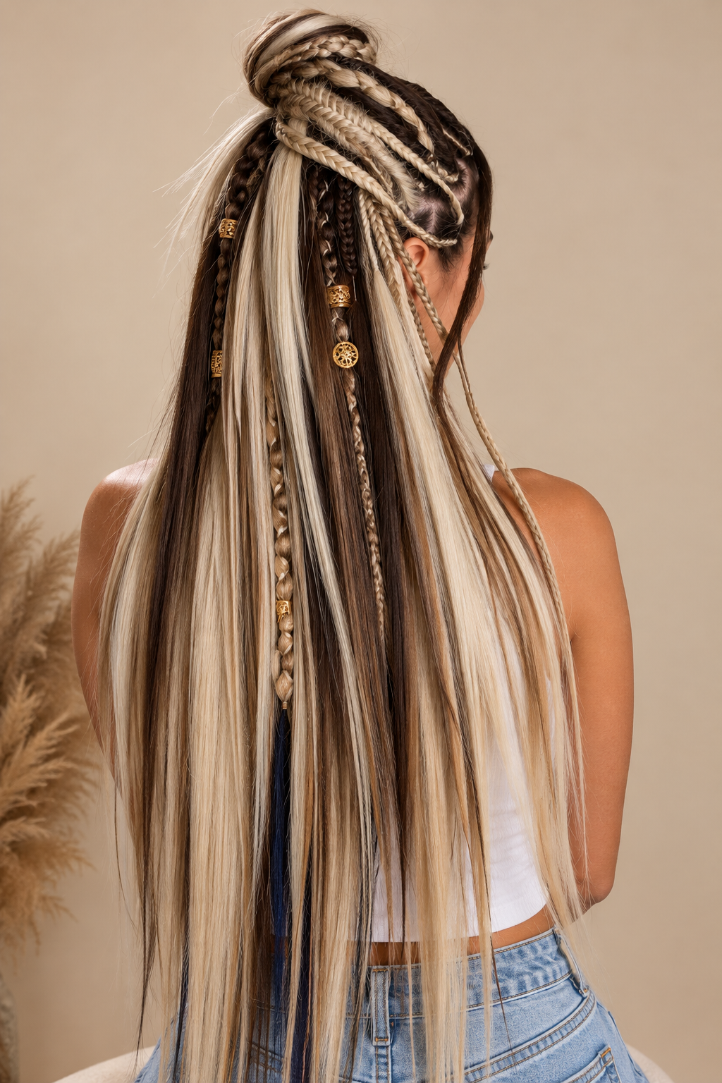 Shop de Look met lange rechte blonde en bruine pre-stretched vlechten in half-up knot