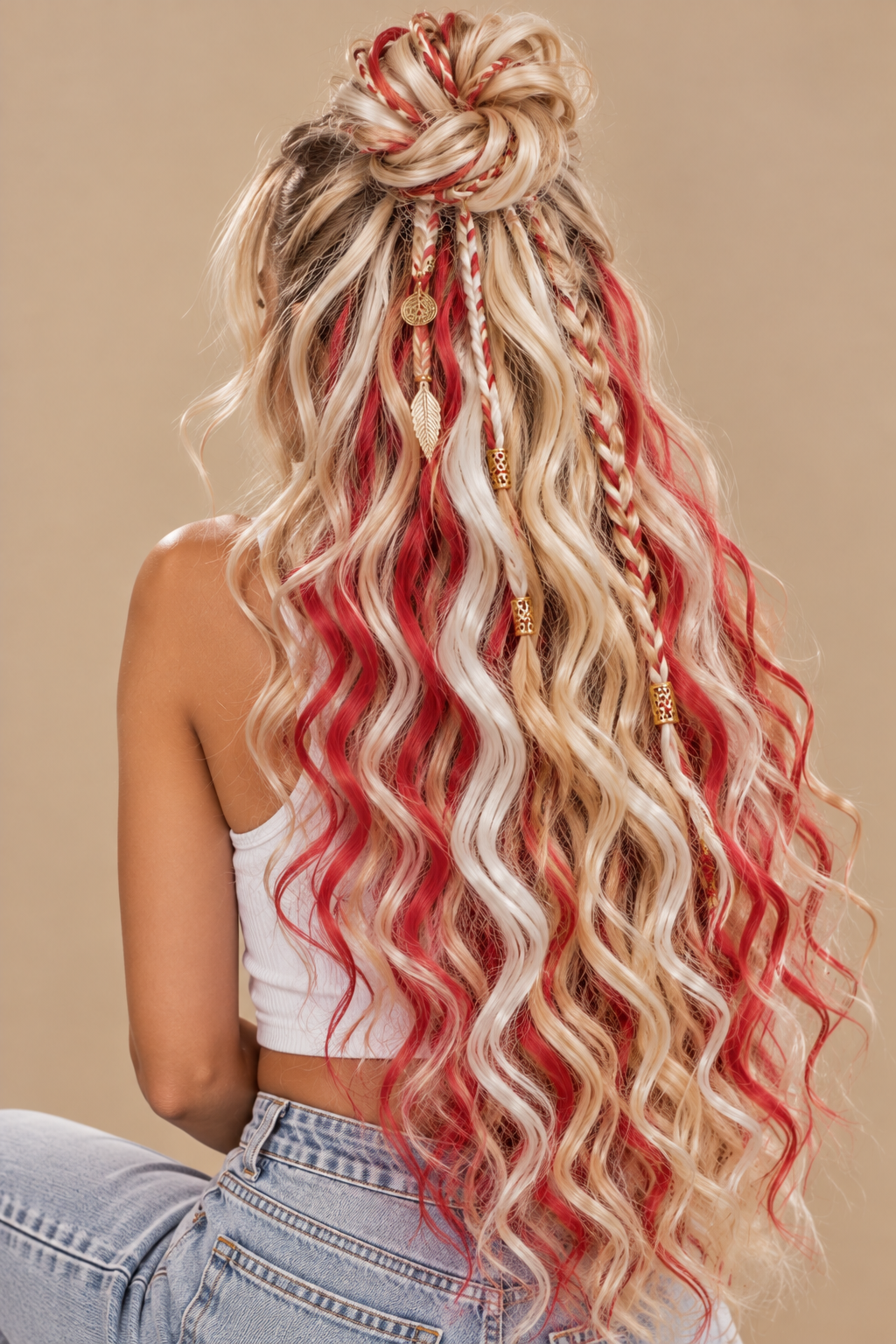 Blonde Red Boho Ariel golvend haar blond wit rood met half-up knot, witte top en jeans