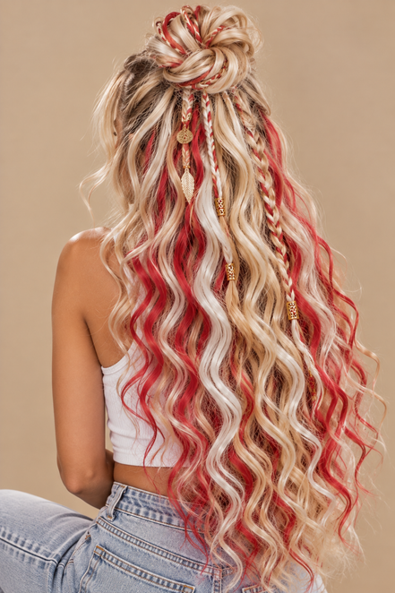 Blonde Red Boho Ariel golvend haar blond wit rood met half-up knot, witte top en jeans