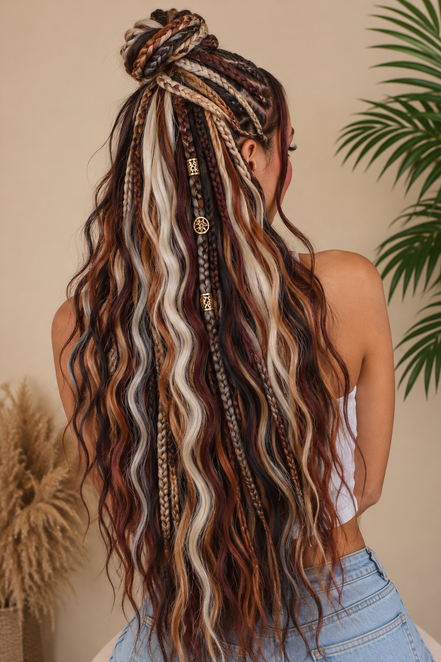Fox Brown Blonde Braids Shop de Look met donkerbruin, kastanjebruin, koper en lichtblond haar