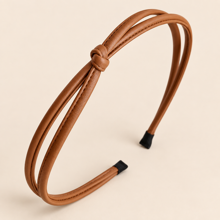 Smalle dubbele bruine haarband van imitatieleer met knoop op beige achtergrond