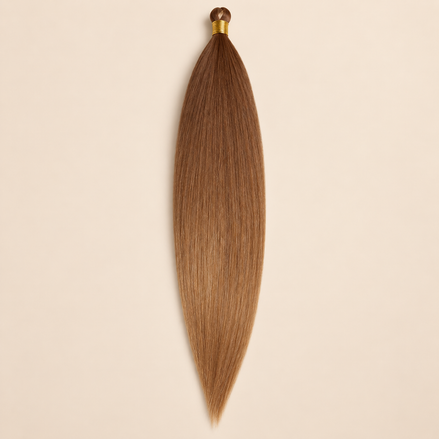 Steil Pony Kanekalon vlechthaar in kleur T-Brown96, 70 cm en 100 gram, op beige achtergrond