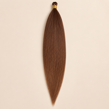 Steil Pony Kanekalon vlechthaar in kleur T-Brown97, 70 cm en 100 gram, op beige achtergrond