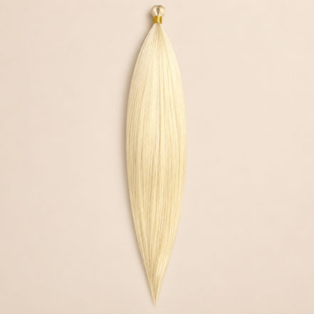 Steil Pony Kanekalon vlechthaar in kleur T-Red/Yellow, 70 cm en 100 gram, op beige achtergrond