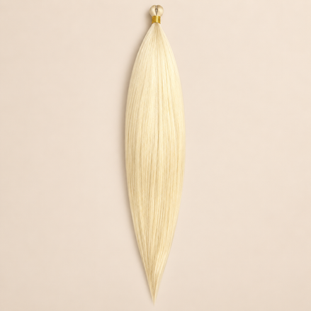 Steil Pony Kanekalon vlechthaar in kleur T-Red/Yellow, 70 cm en 100 gram, op beige achtergrond