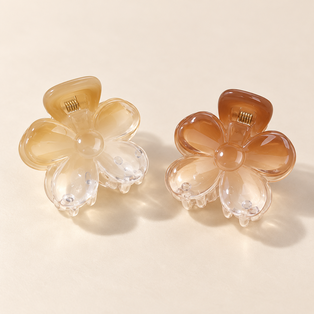 Transparante Mini Haarklem Duo Bloem – Champagne & Koffiebruin – 2 stuks – De HaarBoetiek