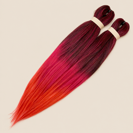 Ultra Braid pre-stretched T3/OM/Apple Mango bordeaux rood oranje ombre 60 cm, 160 gram op beige achtergrond