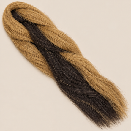 Ultra Braid kanekalon P4/27 donkerbruin honingblond mix 100 cm, 165 gram op beige achtergrond