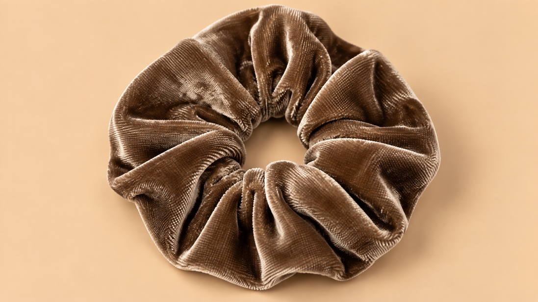 Velvet scrunchie taupe bruin 8-10 cm - De HaarBoetiek