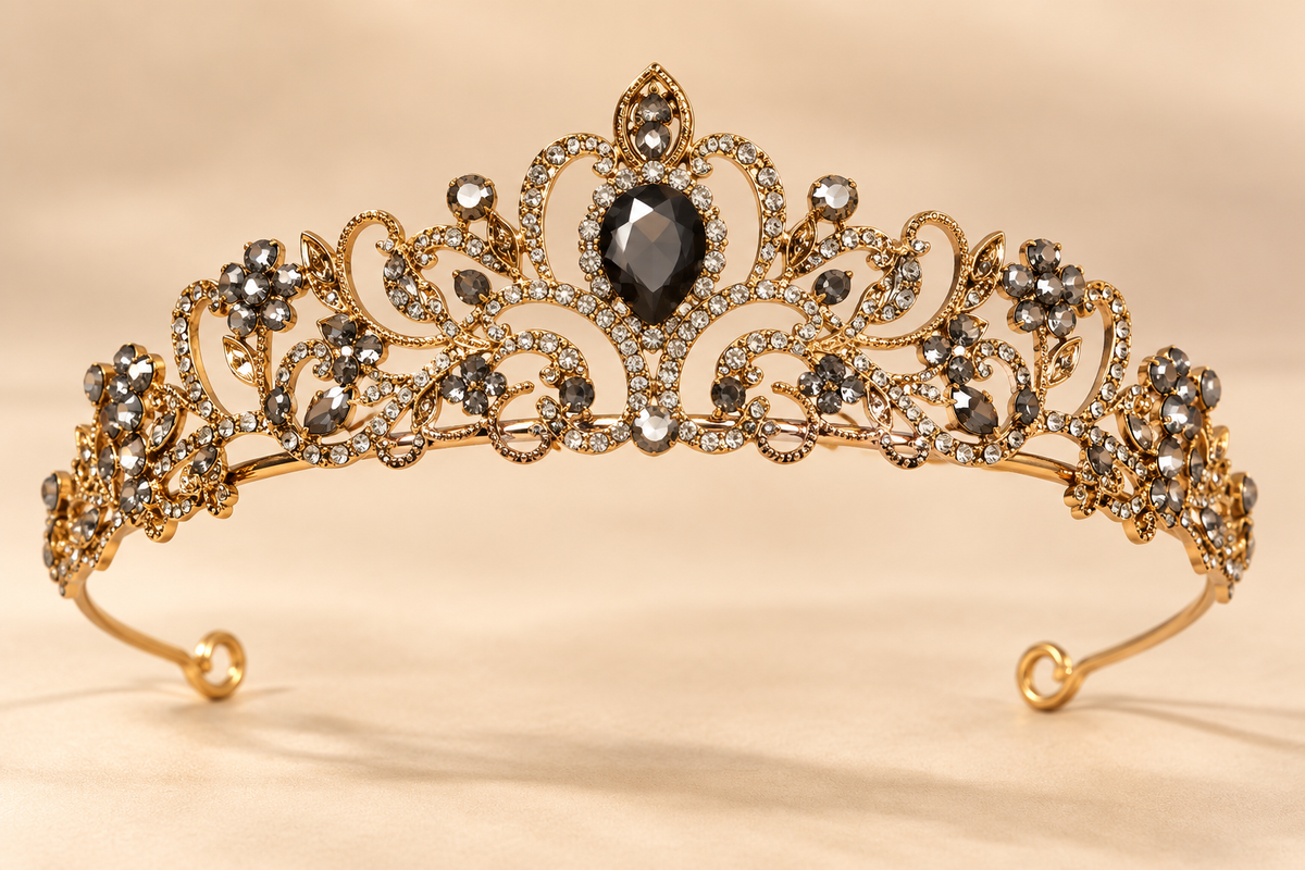 Vintage Kroon Diadeem – Goud met Zwarte Steen – De HaarBoetiek